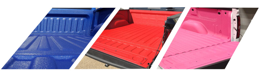 three armaguard applications on bed trucks with different colors, blue, red and pink